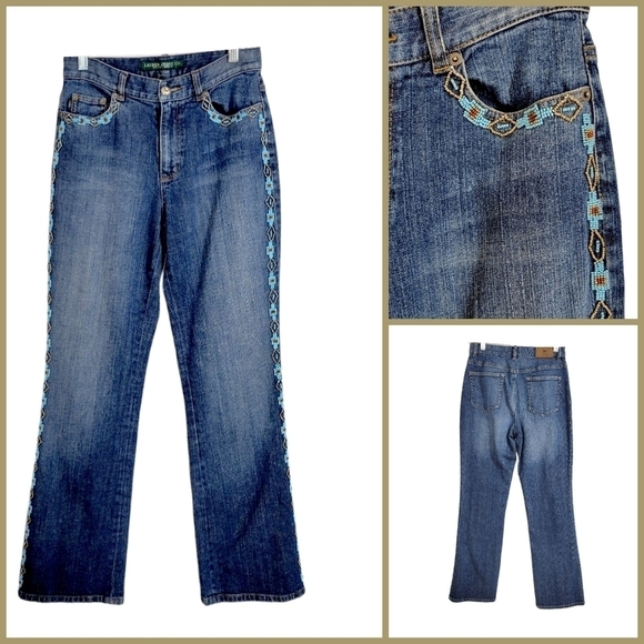 LRL Southwestern Blue Beaded Bootcut Jeans - Picture 1 of 7